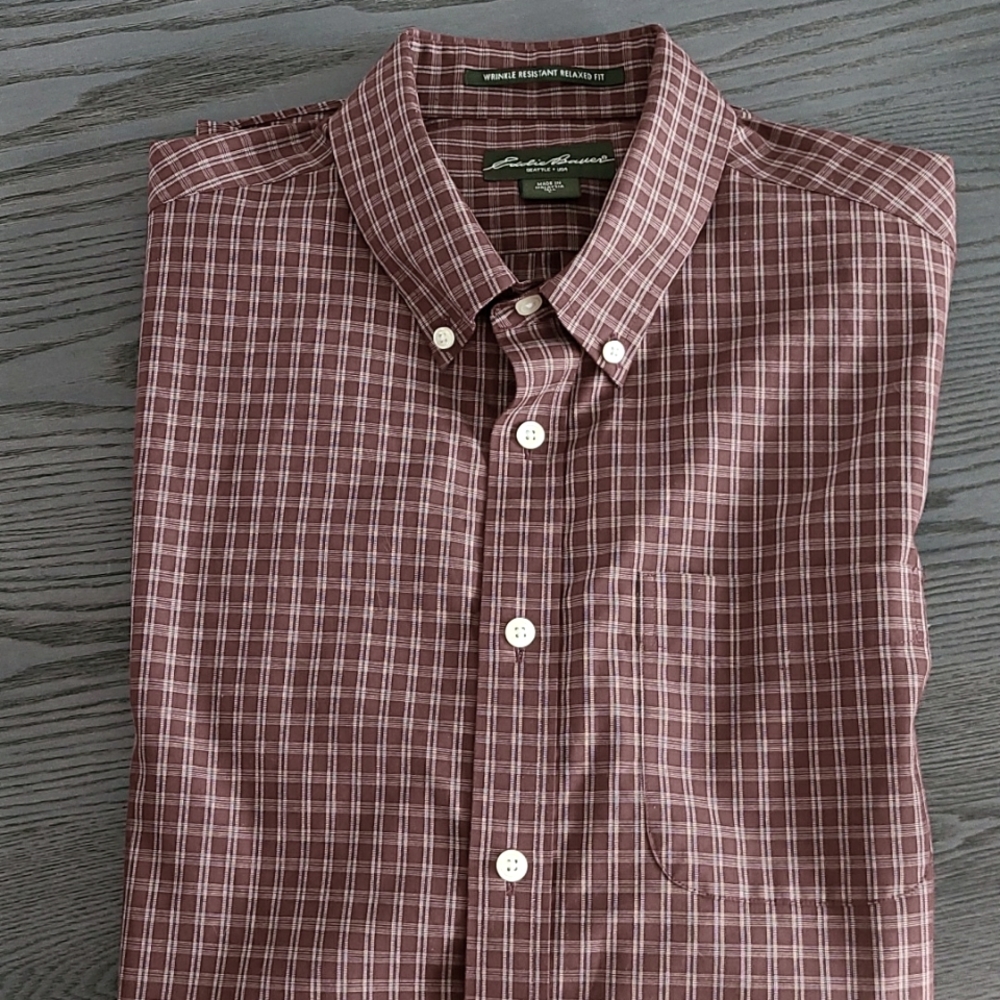 Eddie Bauer Wrinkle Resistant Relaxed Fit Shirt.  Size Large. Rust & Whi…